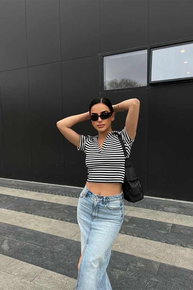Siyah Gömlek Yaka Crop Top ATE4961 - 5