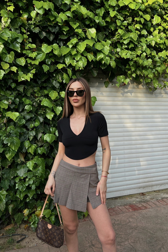 Siyah Gömlek Yaka Crop Top ATE6424 - 1