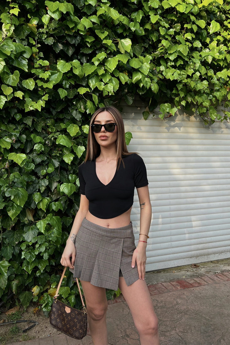 Siyah Gömlek Yaka Crop Top ATE6424 - KARABAY