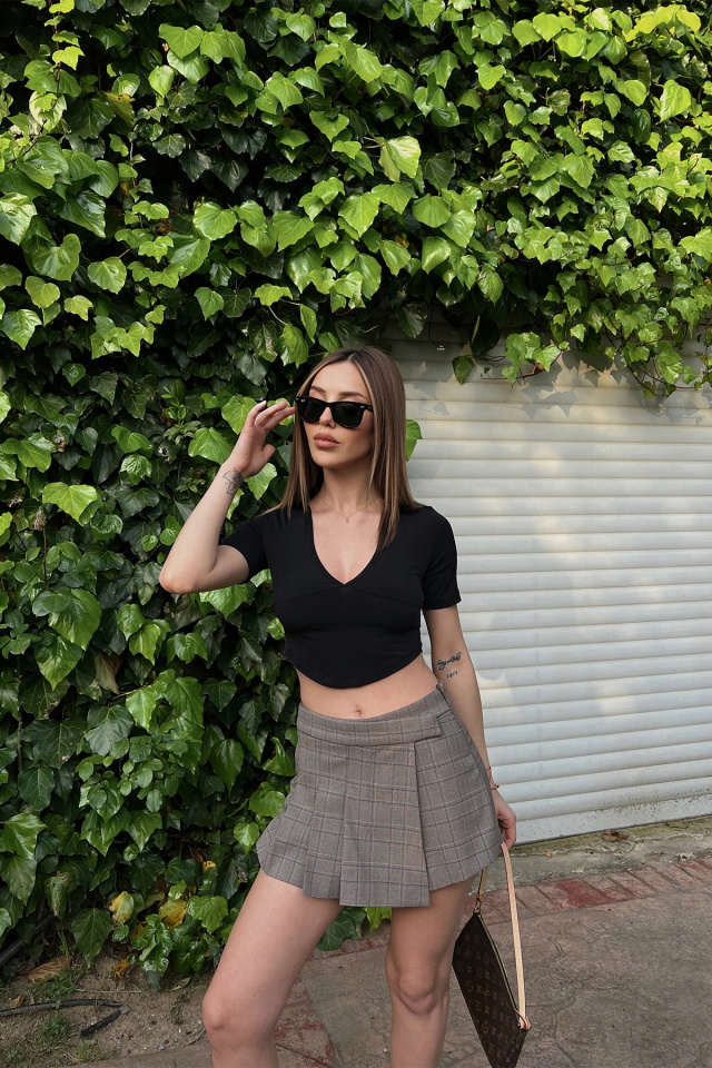 Siyah Gömlek Yaka Crop Top ATE6424 - 2