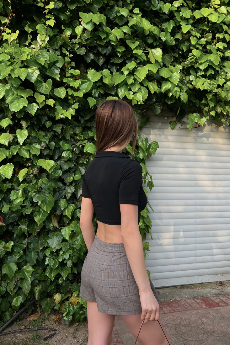 Siyah Gömlek Yaka Crop Top ATE6424 - KARABAY