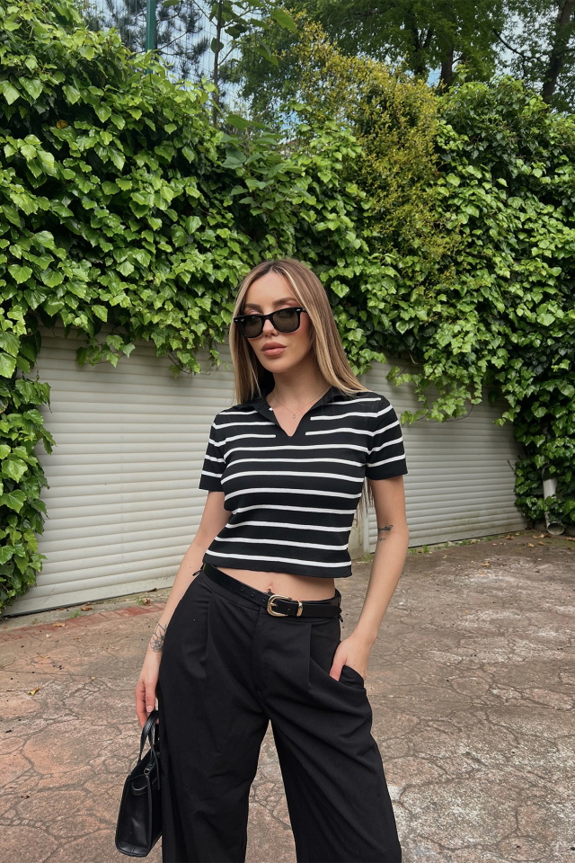 Siyah Gömlek Yaka Crop Top ATE6823 - 2