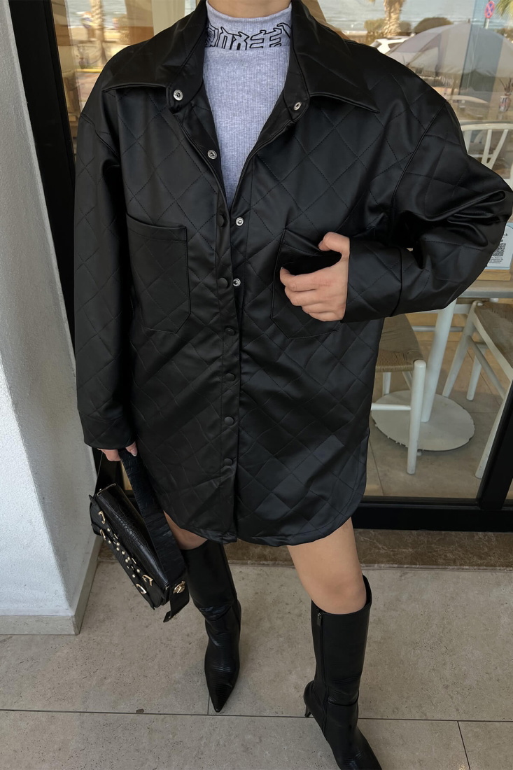 Siyah Gömlek Yaka Deri Mont ATE2796 - EYYO