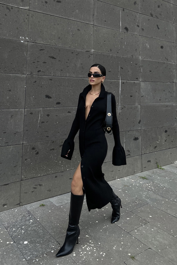 Siyah Gömlek Yaka Triko Elbise ATE2467 - EYYO