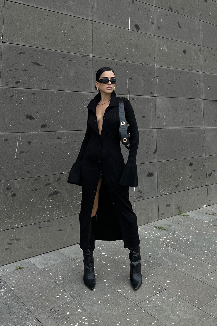 Siyah Gömlek Yaka Triko Elbise ATE2467 - EYYO