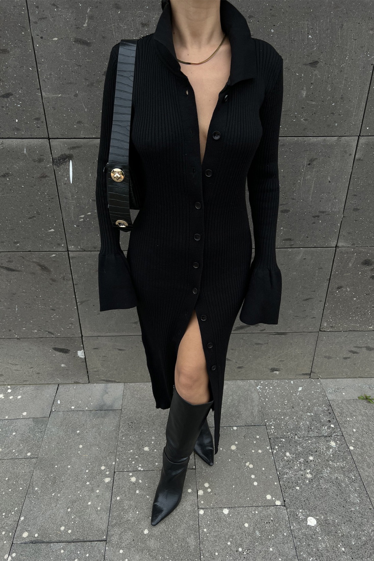 Siyah Gömlek Yaka Triko Elbise ATE2467 - EYYO