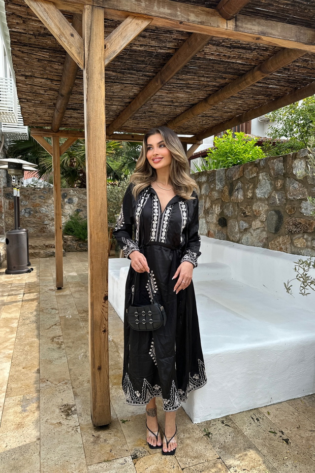 Siyah Gömlek Yaka Etnik Desen Elbise ATE6461 - 4