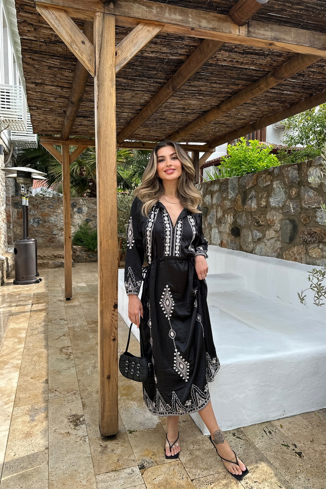 Siyah Gömlek Yaka Etnik Desen Elbise ATE6461 - 3