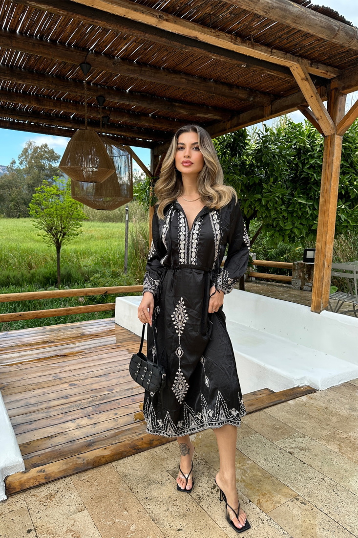 Siyah Gömlek Yaka Etnik Desen Elbise ATE6461 - EYYO