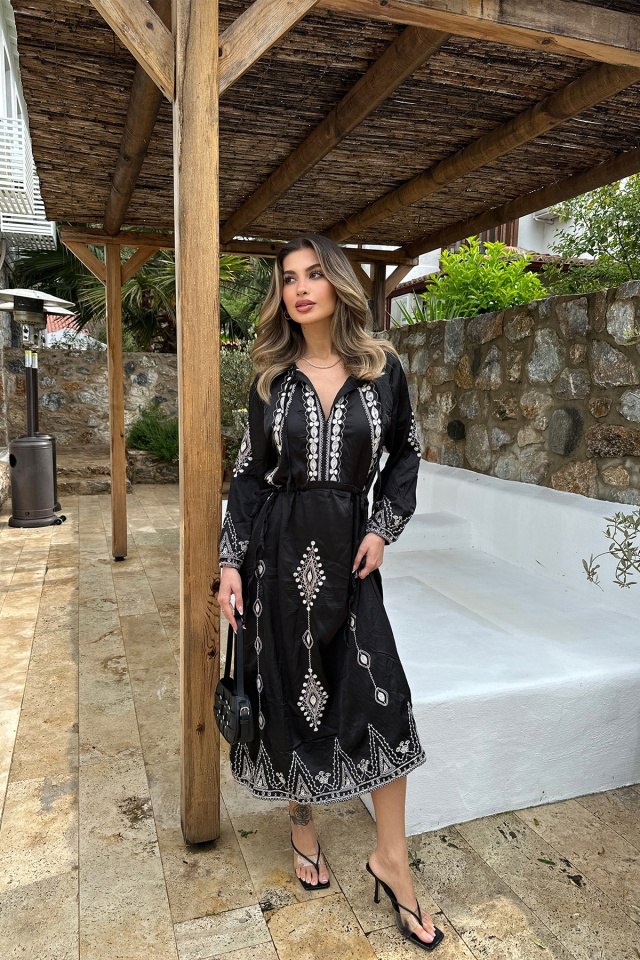 Siyah Gömlek Yaka Etnik Desen Elbise ATE6461 - 1