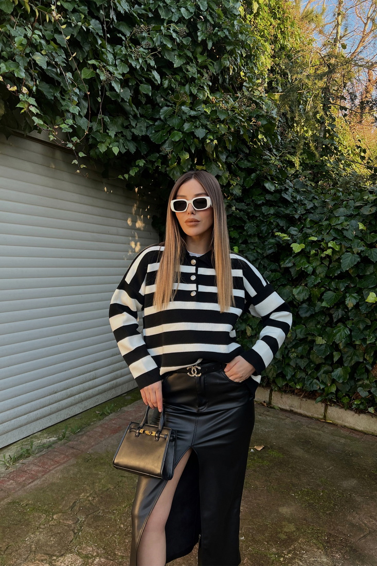 Siyah Gömlek Yaka Kazak ATE3940 - HOT FASHİON