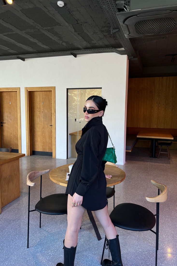 Siyah Gömlek Yaka Mini Elbise ATE3833 - EYYO