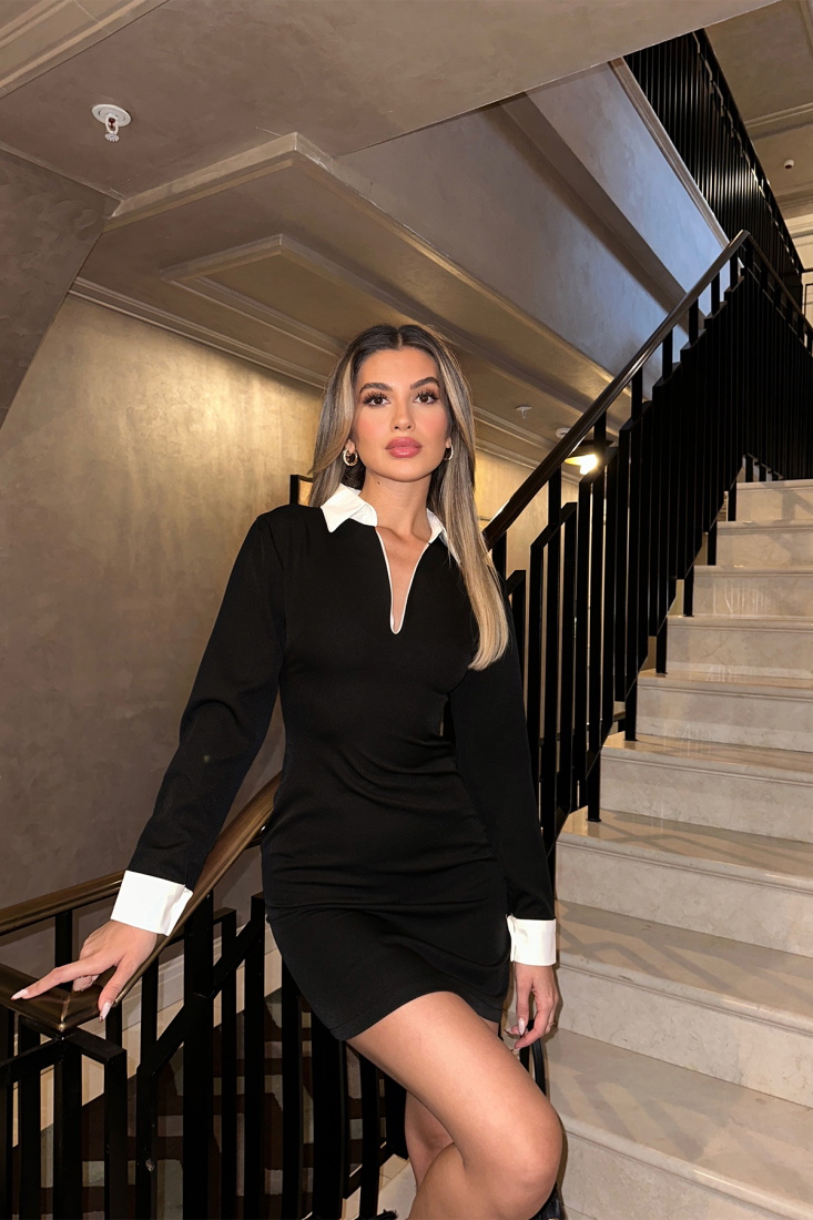 Siyah Gömlek Yaka Mini Elbise ATE5242 - EYYO