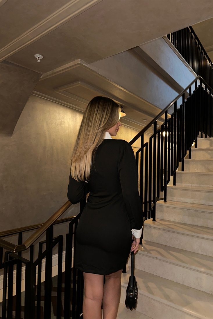 Siyah Gömlek Yaka Mini Elbise ATE5242 - EYYO