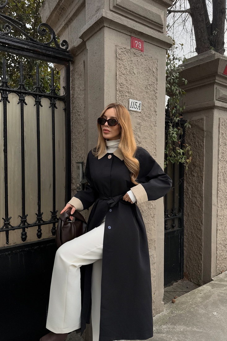 Siyah Gömlek Yaka Uzun Trenckot ATE-2037 - EYYO