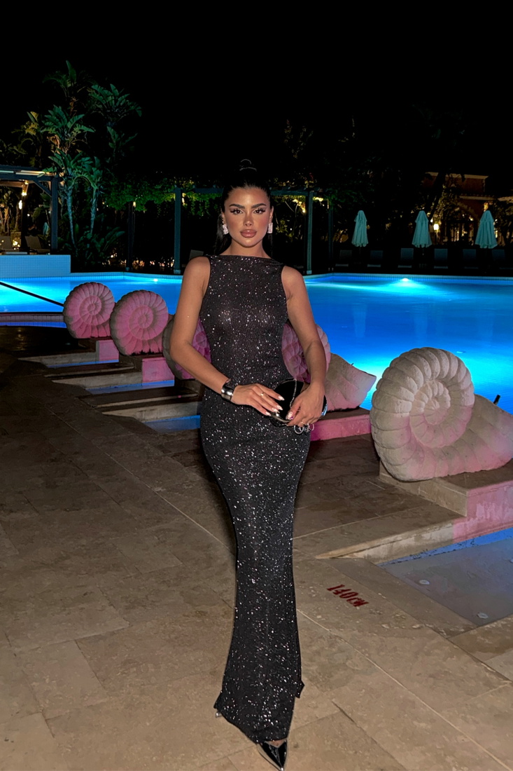 Siyah Groente Simli Sırt Detaylı Elbise ATE-1082 - EYYO