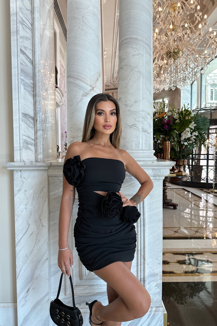 Siyah Gül Desen Mini Elbise ATE7135 - EYYO