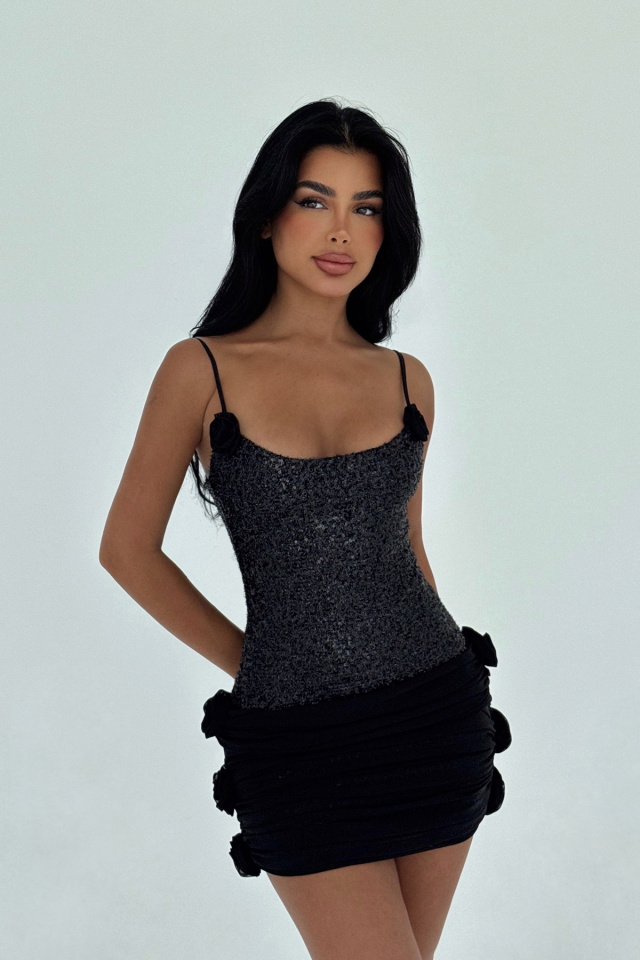 Siyah Presley Mini Payetli Elbise ATE-3043 