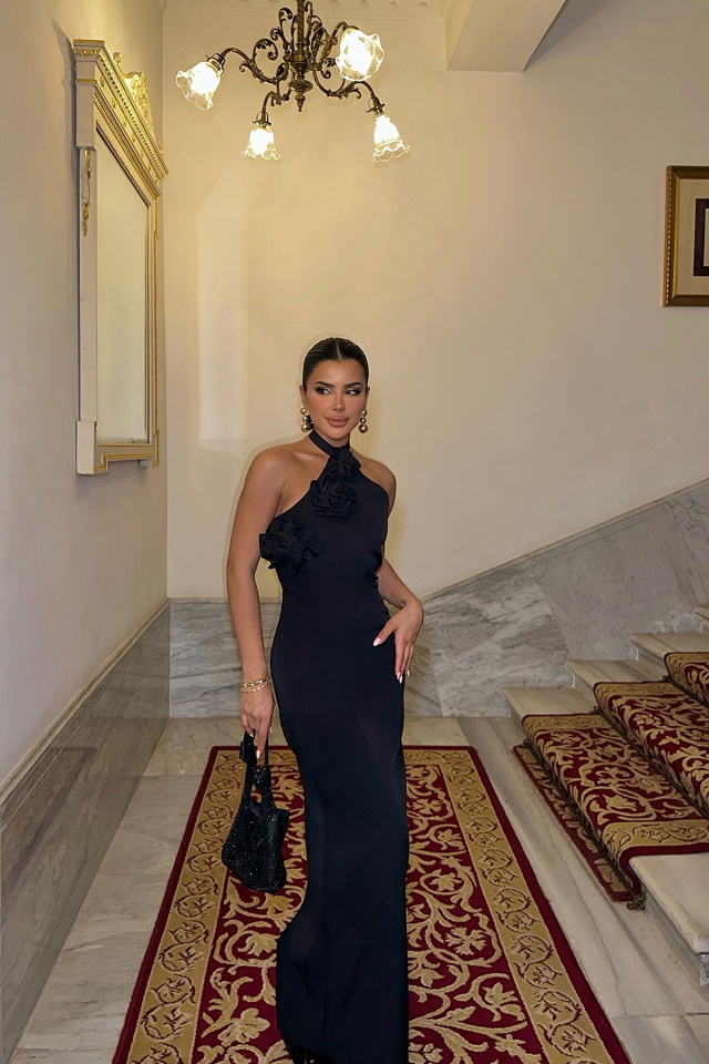 Siyah Sergio Gül Detaylı Elbise ATE-0222 