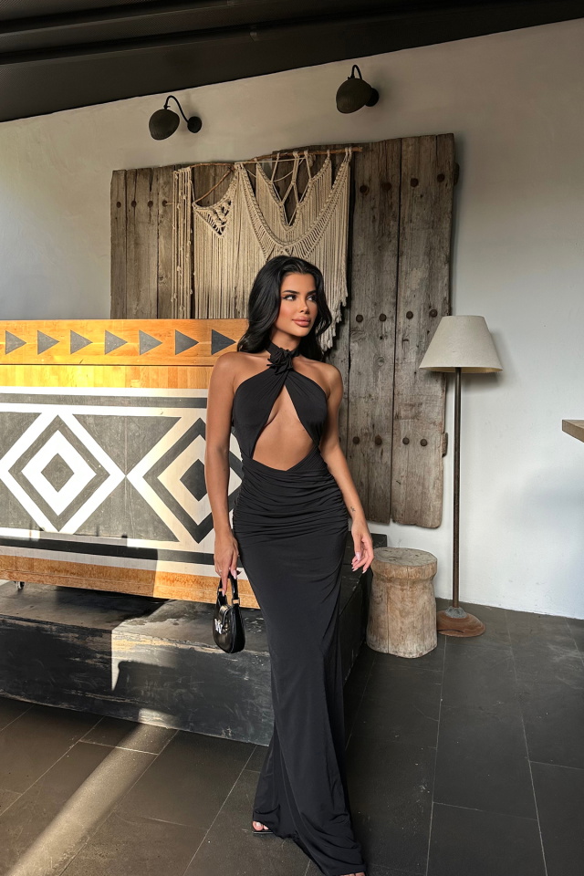 Siyah Gül Detay Bağlamalı Uzun Elbise ATE8262 