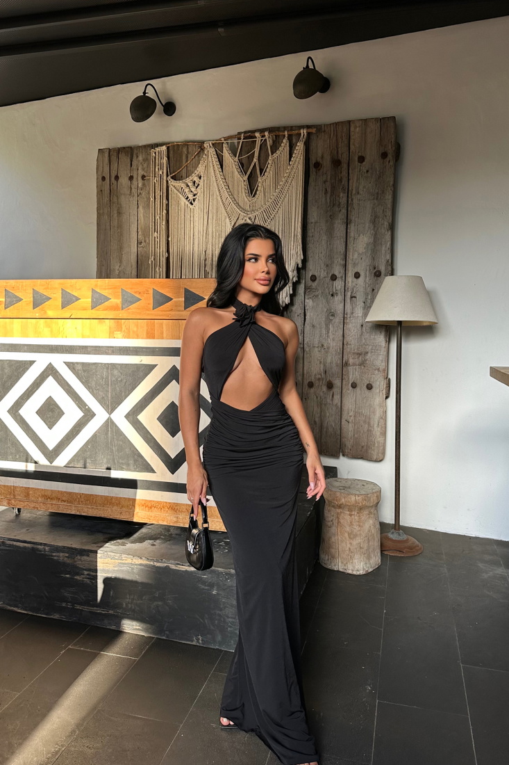 Siyah Gül Detay Bağlamalı Uzun Elbise ATE8262 - EYYO