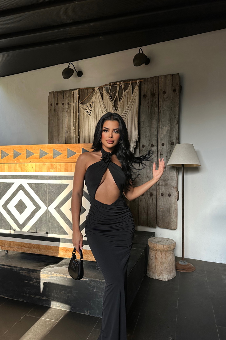 Siyah Gül Detay Bağlamalı Uzun Elbise ATE8262 - EYYO