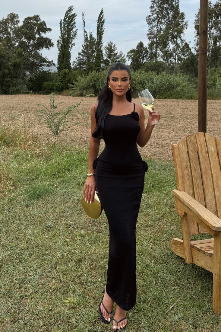 Siyah Glory Sırtı İp Detaylı Güllü Elbise ATE-1113 - EYYO