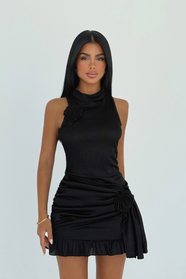 Siyah Cantarios Mini Gül Detaylı Elbise ATE-3136 