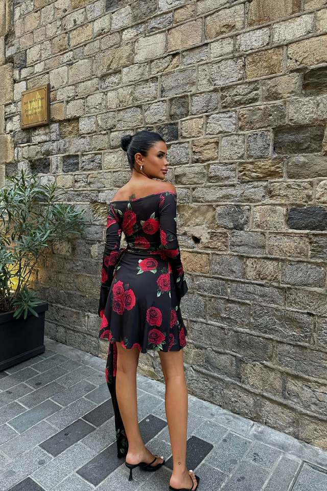 Siyah Gül Detay Mini Elbise ATE8204 - 4