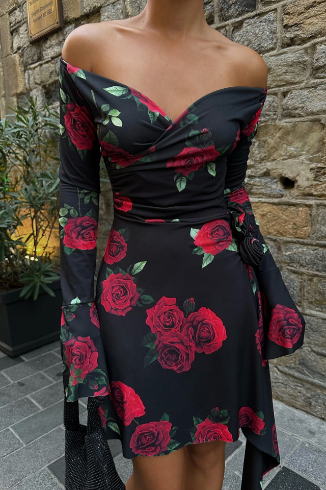 Siyah Gül Detay Mini Elbise ATE8204 - 2