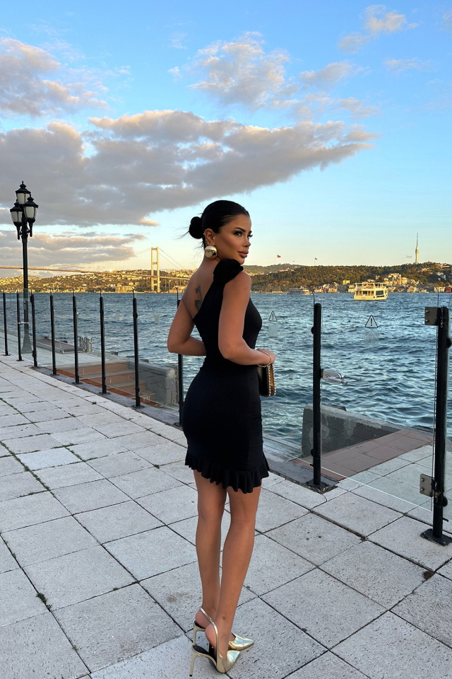 Siyah Omuz Detay Mini Elbise ATE8354 - 5
