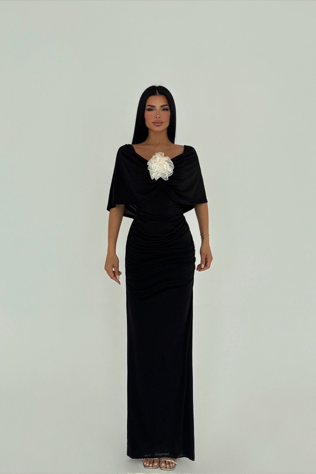 Siyah Lai Düşük Omuz Elbise ATE-1735 