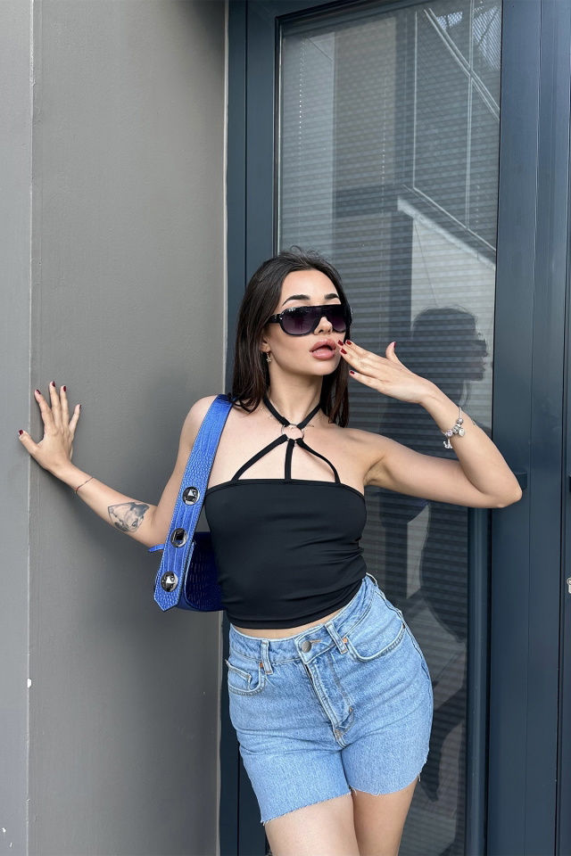 Siyah Halka Detay Crop Top ATE7153 - 3