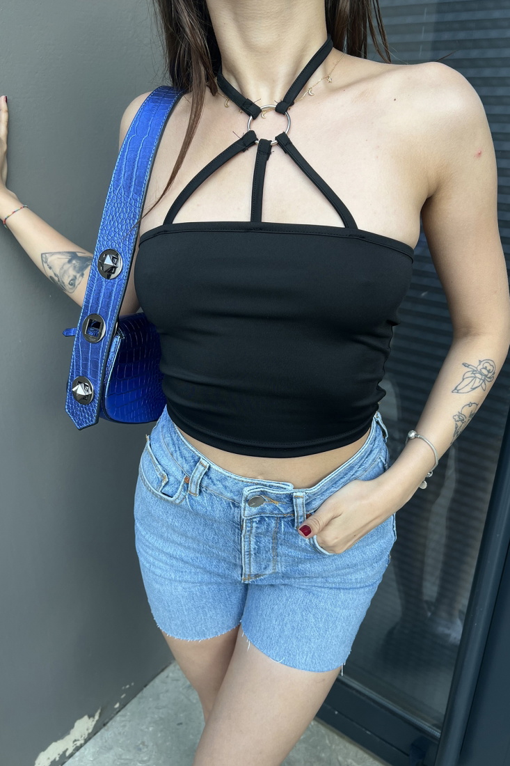 Siyah Halka Detay Crop Top ATE7153 - gecce