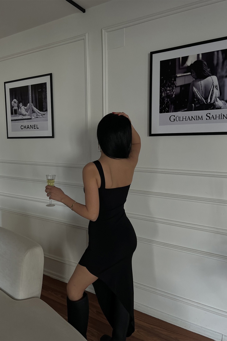 Siyah Halka Detay Derin Yırtmaçlı Elbise ATE3475 - EYYO