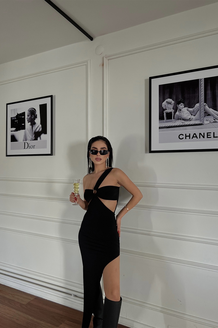 Siyah Halka Detay Derin Yırtmaçlı Elbise ATE3475 - EYYO