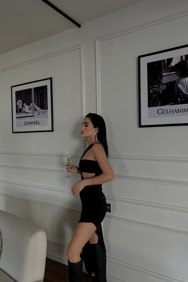 Siyah Halka Detay Derin Yırtmaçlı Elbise ATE3475 - 5