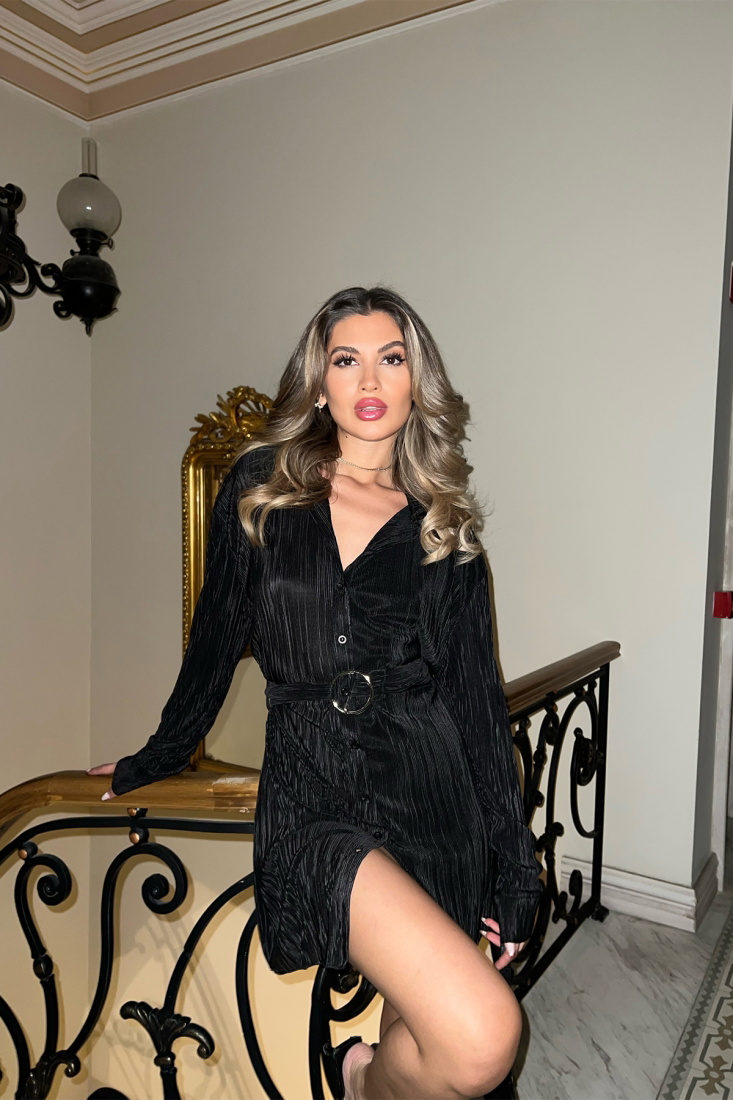 Siyah Halka Detay Önü Düğmeli Mini Elbise ATE5056 - EYYO