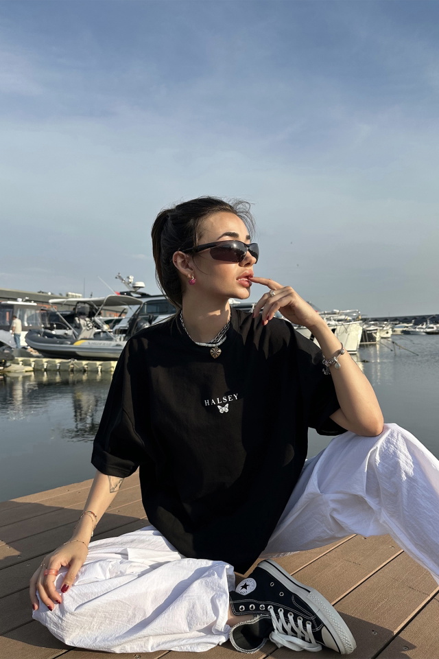 Siyah Halsey Yazılı Tişört ATE7183 - 4