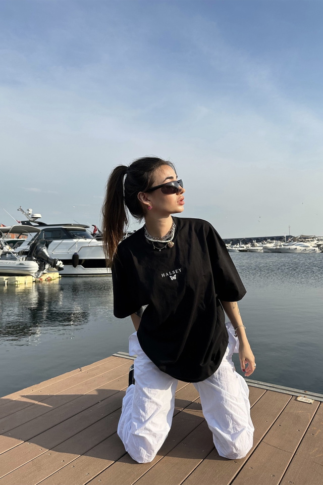 Siyah Halsey Yazılı Tişört ATE7183 - 5