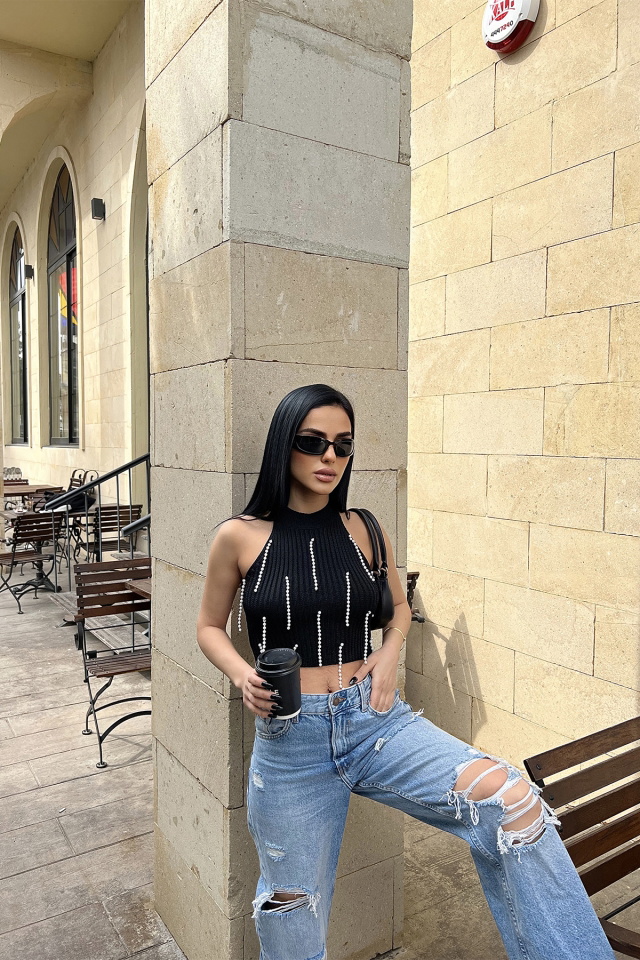 Siyah İnci Detay Crop Top ATE4564 - 4