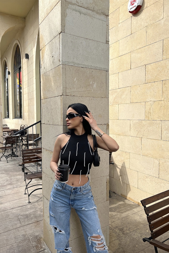 Siyah İnci Detay Crop Top ATE4564 - 1