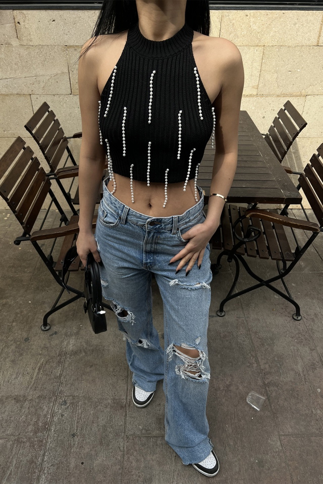 Siyah İnci Detay Crop Top ATE4564 - 2