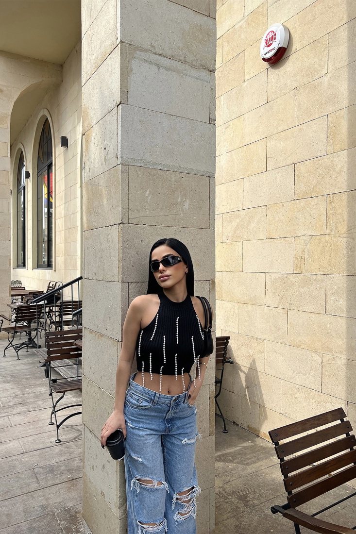 Siyah İnci Detay Crop Top ATE4564 - MSY