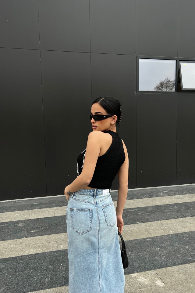 Siyah İnci Detay Crop Top ATE4773 - 5