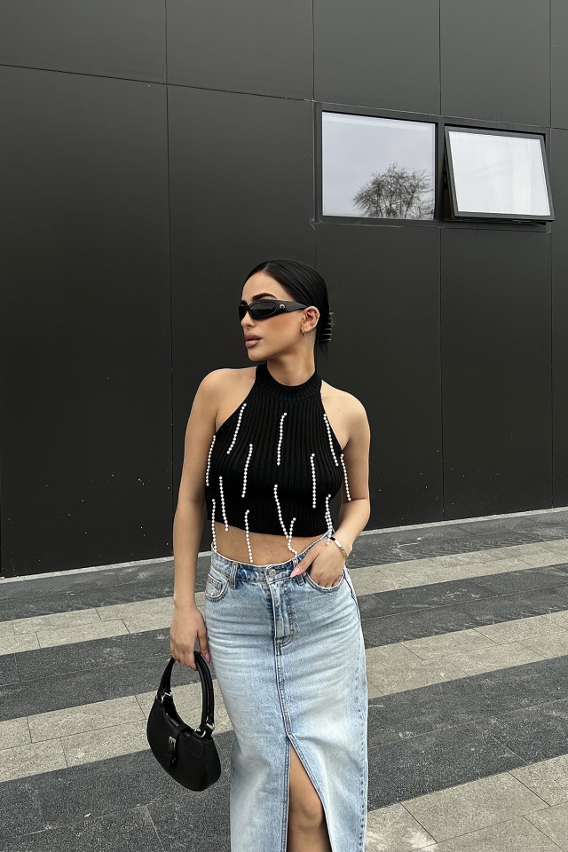 Siyah İnci Detay Crop Top ATE4773 