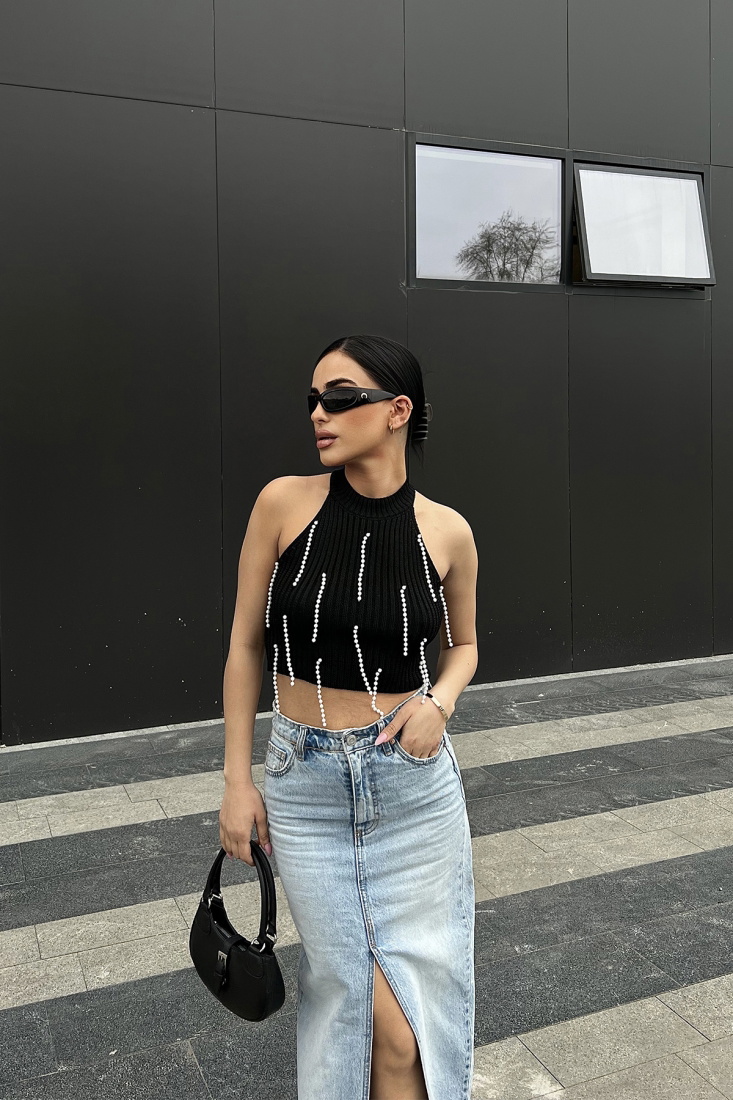 Siyah İnci Detay Crop Top ATE4773 - MSY