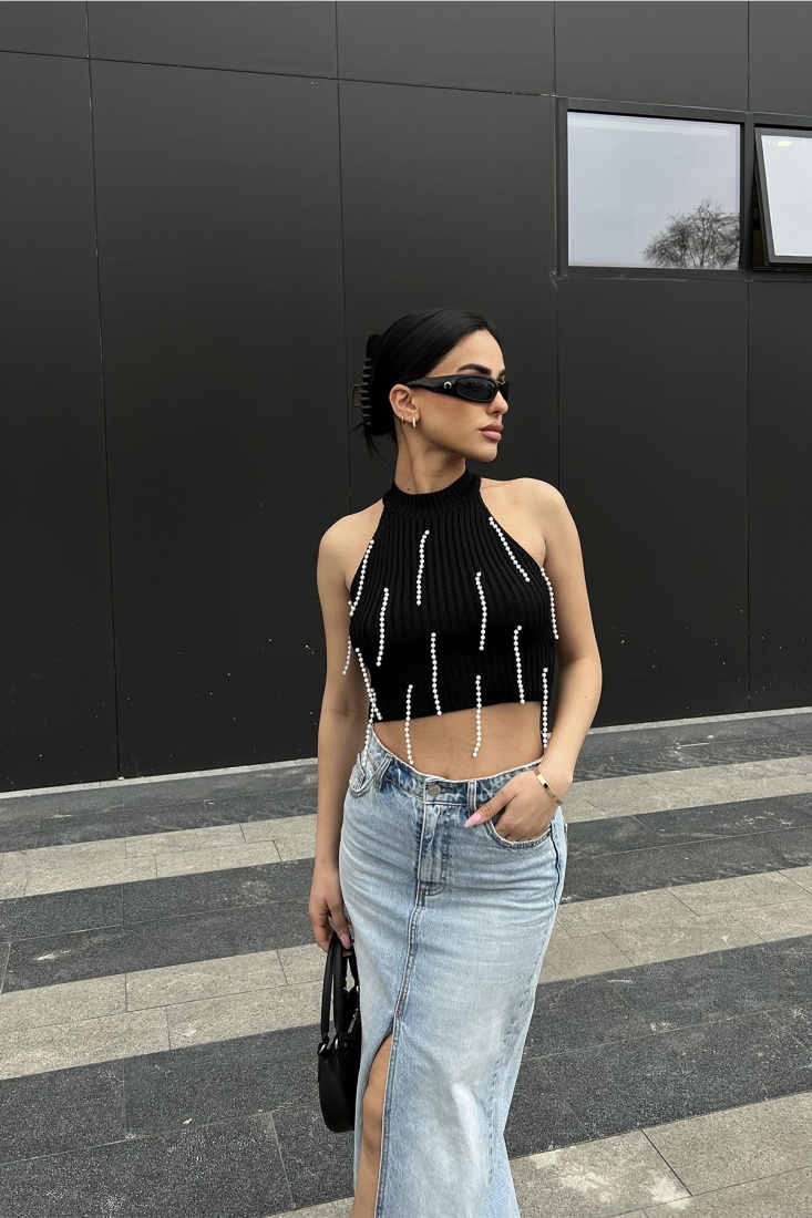 Siyah İnci Detay Crop Top ATE4773 - MSY