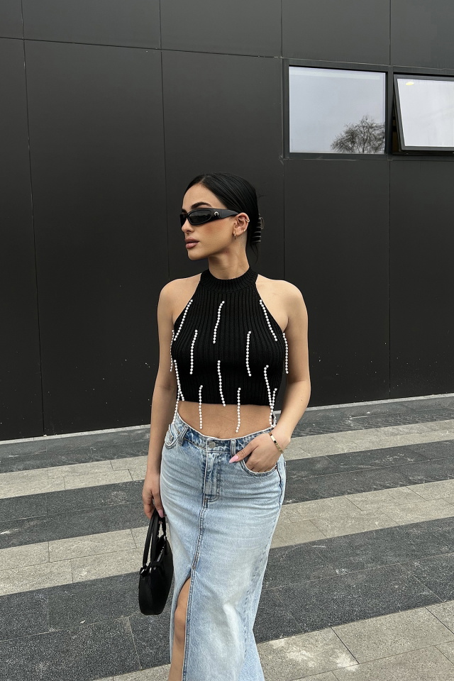 Siyah İnci Detay Crop Top ATE4773 - 3