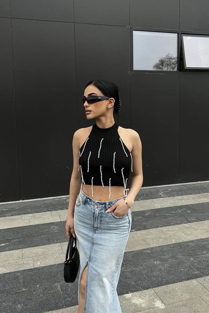 Siyah İnci Detay Crop Top ATE4773 - MSY